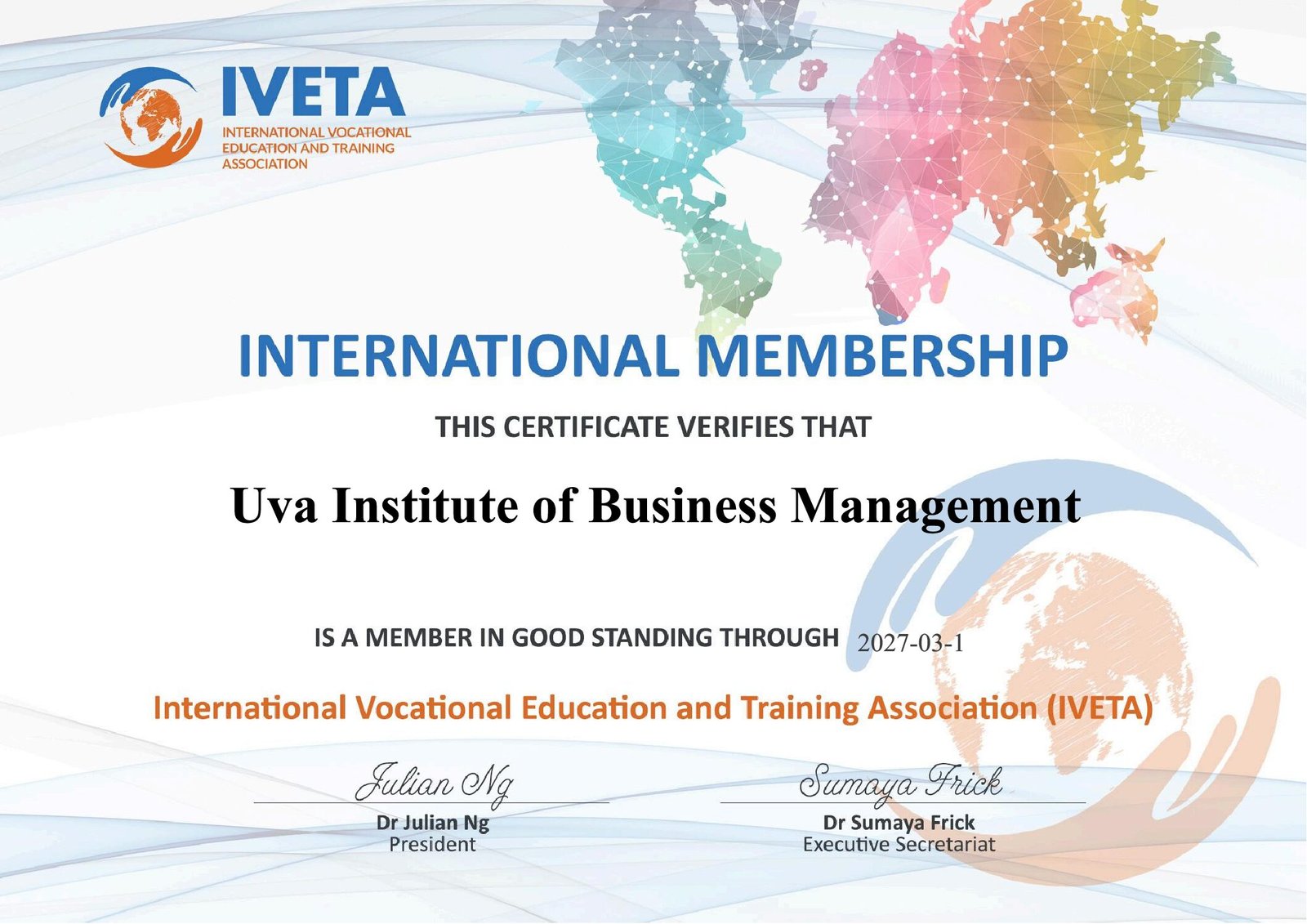 IVETA International Membership Certificate - Uva Institute of Business Management